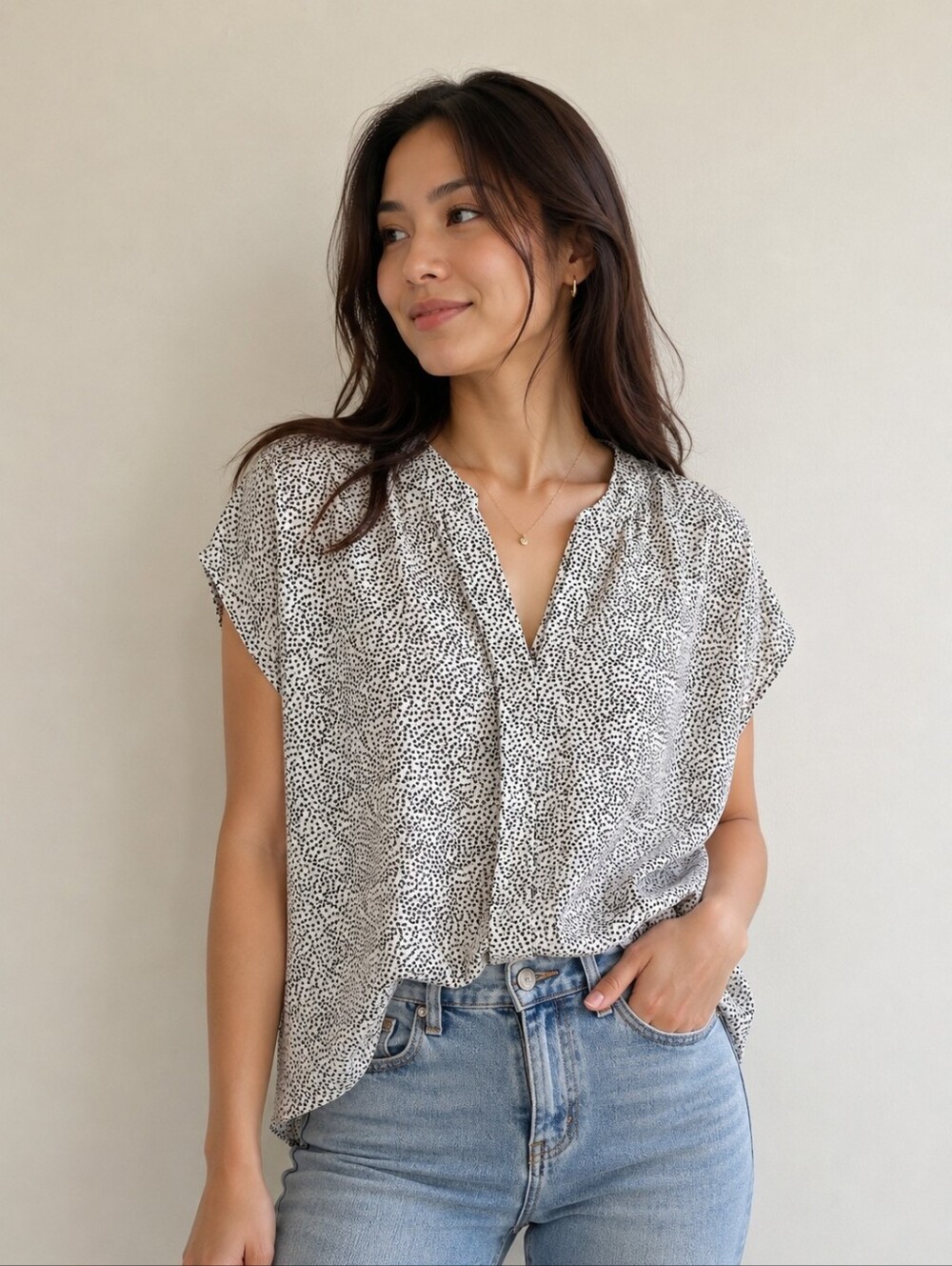 Hale Bob Black and White Speckled Heart V-Neck Blouse